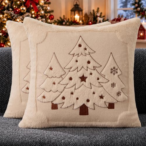 Christmas Pillow Covers 18x18 Beige Xmas Tree Plush Decor PT024C18