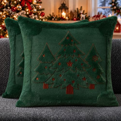 Christmas Pillow Covers 18x18 Green Xmas Tree Plush Decor PT024A18