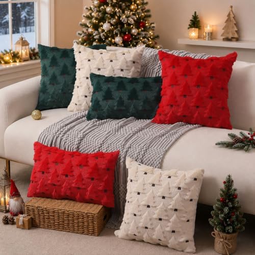 Christmas Pillow Covers 18x18 inch Set of 2 Christmas Decorations Soft Plush Faux Fur Wool Green Christmas Tree, alternate