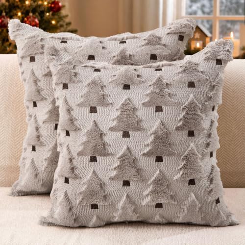 Christmas Pillow Covers 18x18 inch Set of 2 Grey Christmas Decorations Soft Plush Faux Fur Wool Christmas Tree