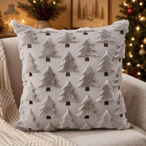 Christmas Pillow Covers 18x18 inch Set of 2 Grey Christmas Decorations Soft Plush Faux Fur Wool Christmas Tree, alternate