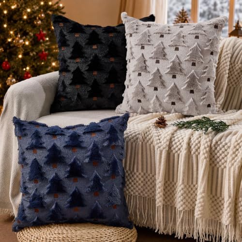 Christmas Pillow Covers 18x18 inch Set of 2 Grey Christmas Decorations Soft Plush Faux Fur Wool Christmas Tree, alternate