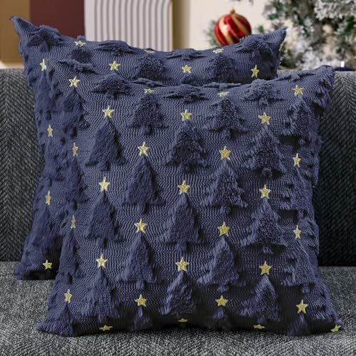 Christmas Pillow Covers 18x18 inch Set of 2 Navy Blue Christmas Tree Pillow Covers Decorations Plush Faux Fur
