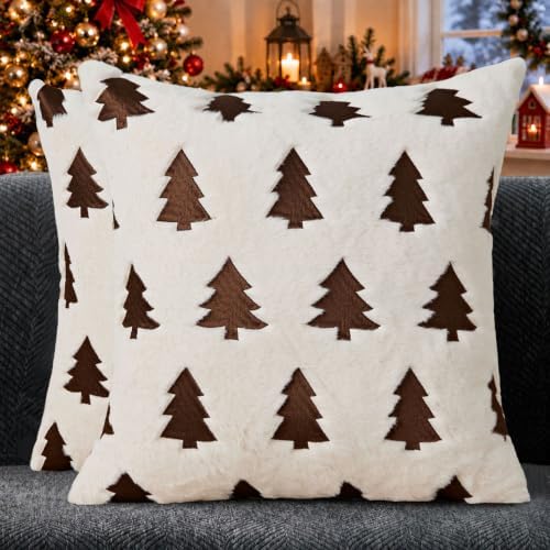 Christmas Pillow Covers 18x18 Pack 2 Beige Plush Xmas Decor P022A18