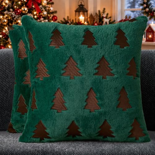 Christmas Pillow Covers 18x18 Pack 2 Green Plush Xmas Decor P022C18