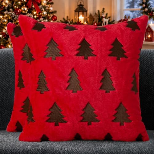 Christmas Pillow Covers 18x18 Pack 2 Red Plush Xmas Decor P022D18