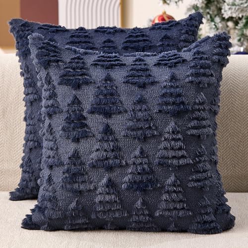 Christmas Pillow Covers 18x18 Set of 2 Christmas Decoration Navy Blue Xmas Tree Pillow Cases Plush Faux Fur Soft