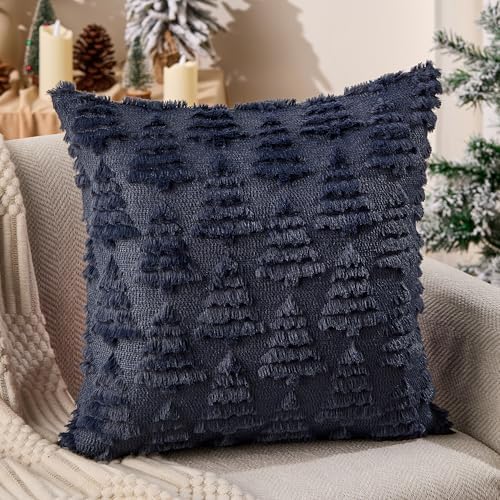 Christmas Pillow Covers 18x18 Set of 2 Christmas Decoration Navy Blue Xmas Tree Pillow Cases Plush Faux Fur Soft, alternate
