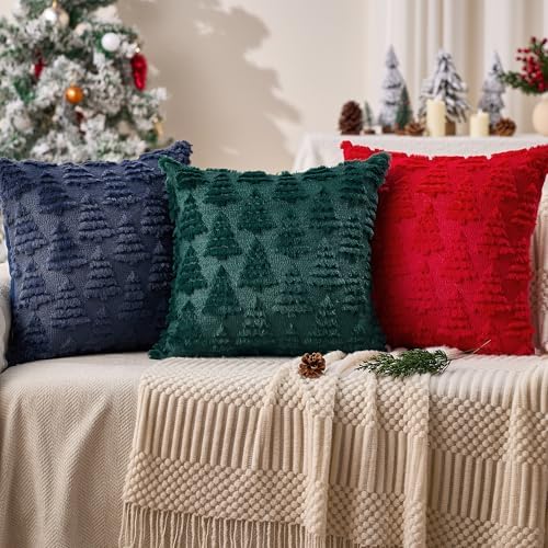 Christmas Pillow Covers 18x18 Set of 2 Christmas Decoration Navy Blue Xmas Tree Pillow Cases Plush Faux Fur Soft, alternate