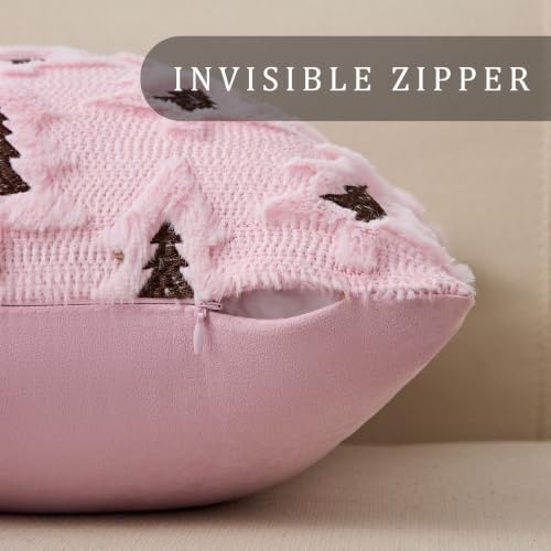 Christmas Pillow Covers 18x18 Set of 2 Pink Brown Xmas Tree Pillow Covers Soft Plush Faux Fur Christmas, alternate view 2
