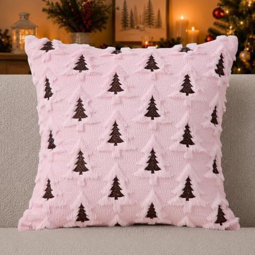 Christmas Pillow Covers 18x18 Set of 2 Pink Brown Xmas Tree Pillow Covers Soft Plush Faux Fur Christmas, alternate view 4