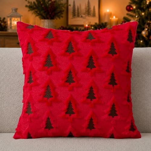 Christmas Pillow Covers 18x18 Set of 2 Red Brown Xmas Tree Pillow Covers Soft Plush Faux Fur Christmas, alternate view 4