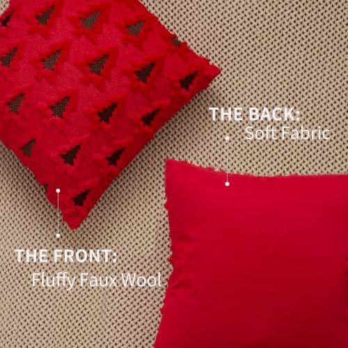 Christmas Pillow Covers 18x18 Set of 2 Red Brown Xmas Tree Pillow Covers Soft Plush Faux Fur Christmas, alternate view 5