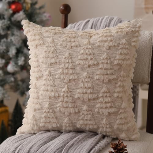 Christmas Pillow Covers 20 x 20 Set of 2 Xmas Decorations Beige Christmas Tree Pillow Cases Plush Faux Fur Soft, alternate