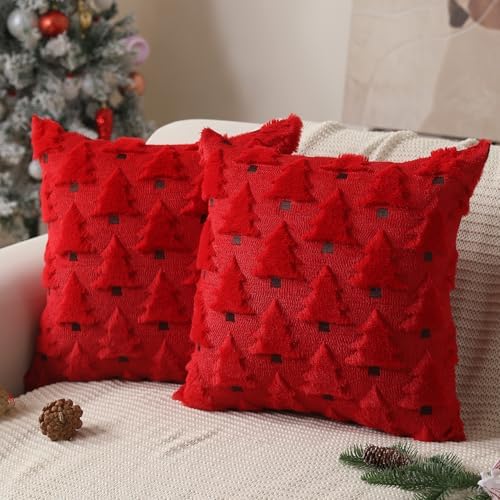 Christmas Pillow Covers 20x20 inch Set of 2 Christmas Decorations Soft Plush Faux Fur Wool Red Christmas Tree