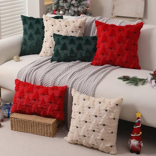 Christmas Pillow Covers 20x20 inch Set of 2 Christmas Decorations Soft Plush Faux Fur Wool Red Christmas Tree, alternate view