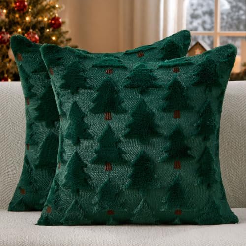 Christmas Pillow Covers 20x20 inch Set of 2 Christmas Decorations Soft Plush Faux Fur Wool Green Christmas Tree