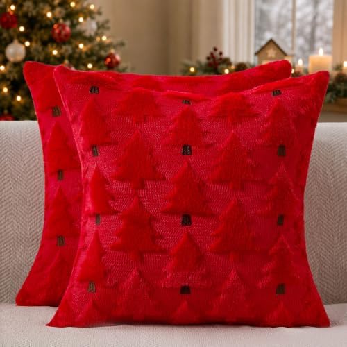 Christmas Pillow Covers 20x20 inch Set of 2 Christmas Decorations Soft Plush Faux Fur Wool Red Christmas Tree