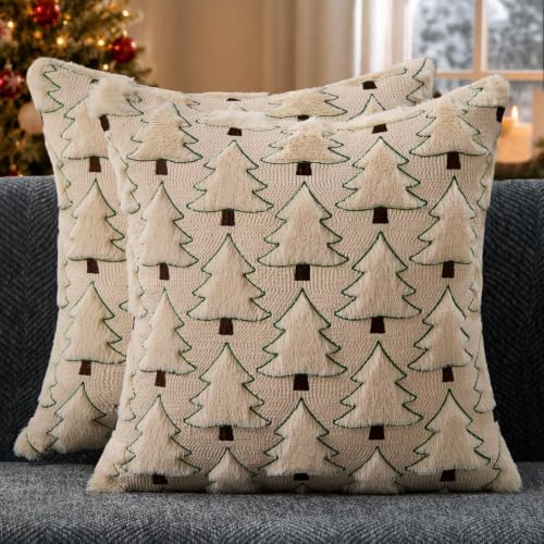 Christmas Pillow Covers 20x20 inch Set of 2 Christmas Decorations Soft Plush Faux Fur Wool Beige Xmas Tree Throw