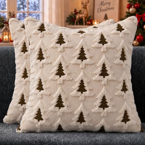 Christmas Pillow Covers 20x20 Set of 2 Beige Brown Xmas Tree Pillow Covers Soft Plush Faux Fur Christmas