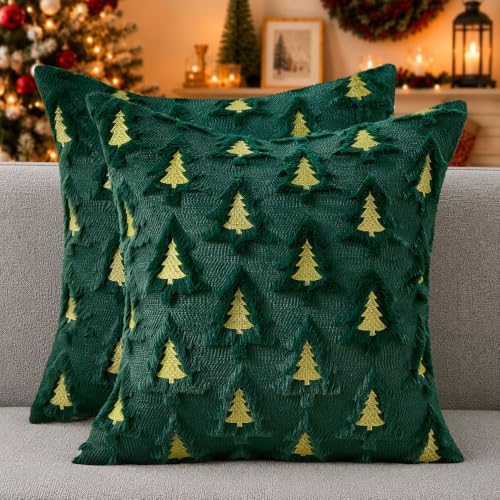 Christmas Pillow Covers 20x20 Set of 2 Green Double Xmas Tree Pillow Covers Soft Plush Faux Fur Christmas