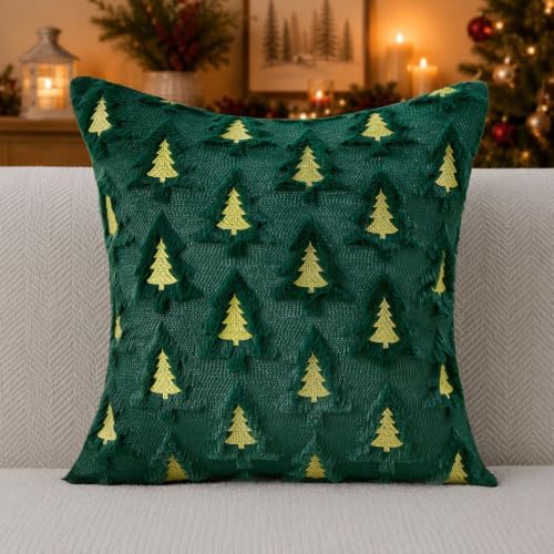 Christmas Pillow Covers 20x20 Set of 2 Green Double Xmas Tree Pillow Covers Soft Plush Faux Fur Christmas, alternate view 4