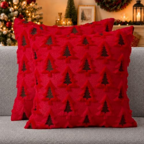 Christmas Pillow Covers 20x20 Set of 2 Red Brown Xmas Tree Pillow Covers Soft Plush Faux Fur Christmas