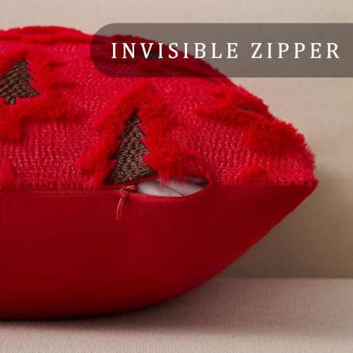 Christmas Pillow Covers 20x20 Set of 2 Red Brown Xmas Tree Pillow Covers Soft Plush Faux Fur Christmas, alternate view 2