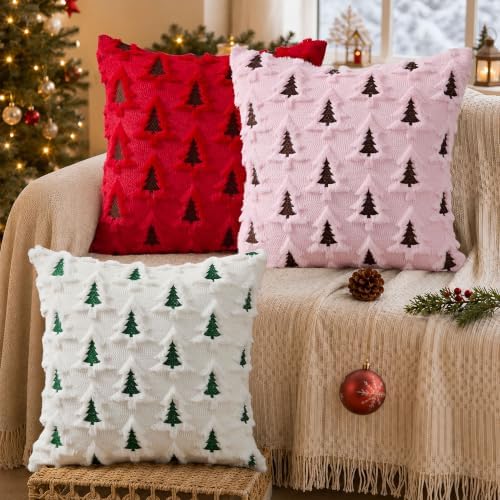Christmas Pillow Covers 20x20 Set of 2 Red Brown Xmas Tree Pillow Covers Soft Plush Faux Fur Christmas, alternate view 6