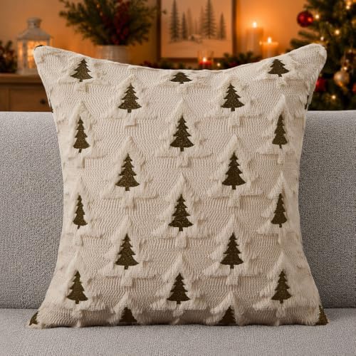 Christmas Pillow Covers 22x22 Set of 2 Beige Brown Xmas Tree Pillow Covers Soft Plush Faux Fur Christmas, alternate view 4