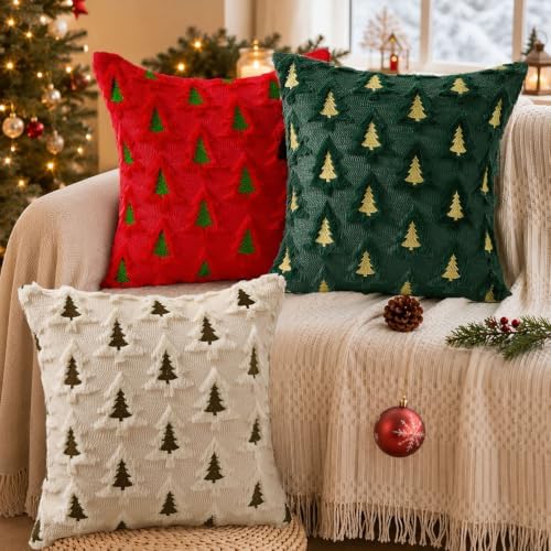 Christmas Pillow Covers 22x22 Set of 2 Beige Brown Xmas Tree Pillow Covers Soft Plush Faux Fur Christmas, alternate view 5