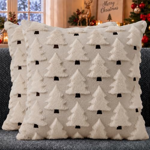 Christmas Pillow Covers 24x24 inch Set of 2 Christmas Decorations Soft Plush Faux Fur Wool Beige Christmas Tree