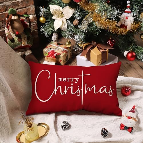 Christmas Pillow Covers Merry Christmas Throw Pillow Decorative Christmas Red Cotton Cloth Linen Cloth Pillow, alternate view