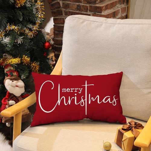 Christmas Pillow Covers Merry Christmas Throw Pillow Decorative Christmas Red Cotton Cloth Linen Cloth Pillow, alternate view