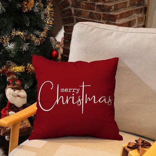 Christmas Pillow Covers Merry Christmas Throw Pillow Decorative Christmas Red Cotton Cloth Linen Cloth Pillow, alternate view