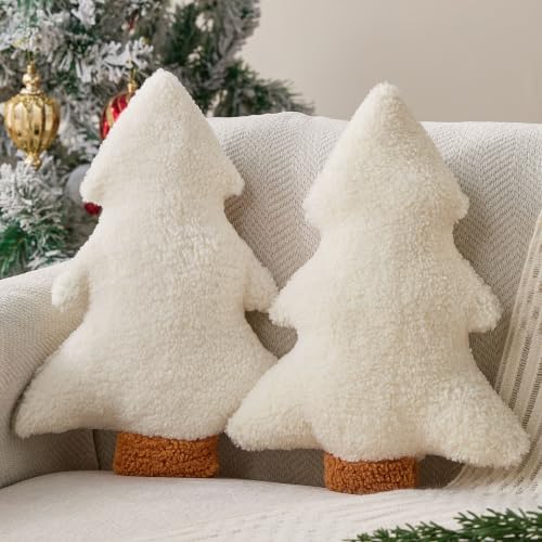 Christmas Pillows Set of 2 Beige Christmas Tree Shaped Soft Plush Christmas Decor Pillow for Party Xmas Winter