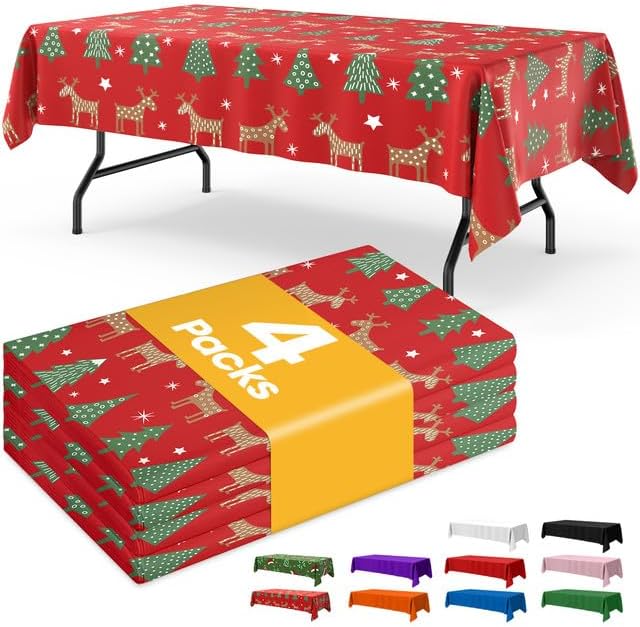 Christmas Red Plastic Table Cloth Disposable, 4 Pack, 54 x 108 in