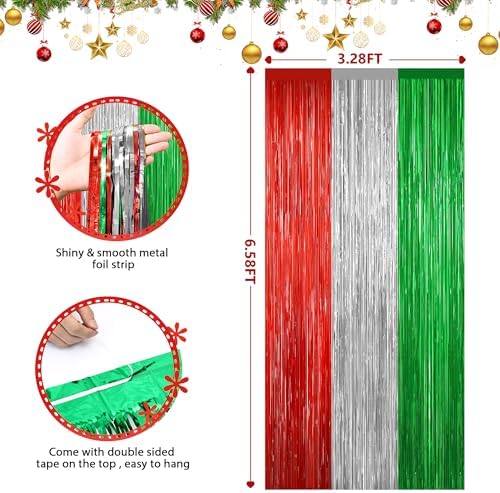 Christmas Red Silver Green Metallic Fringe Curtains 2 Pack, Tinsel Backdrop, alternate view 2