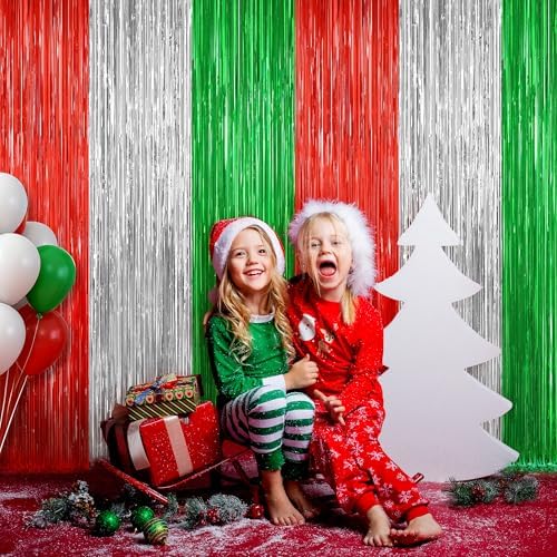 Christmas Red Silver Green Metallic Fringe Curtains 2 Pack, Tinsel Backdrop, alternate view 3