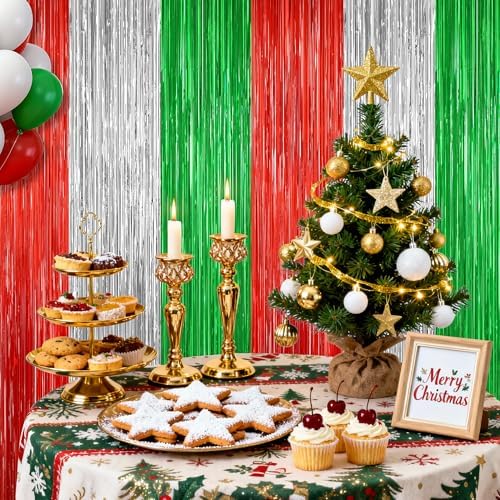 Christmas Red Silver Green Metallic Fringe Curtains 2 Pack, Tinsel Backdrop, alternate view 5
