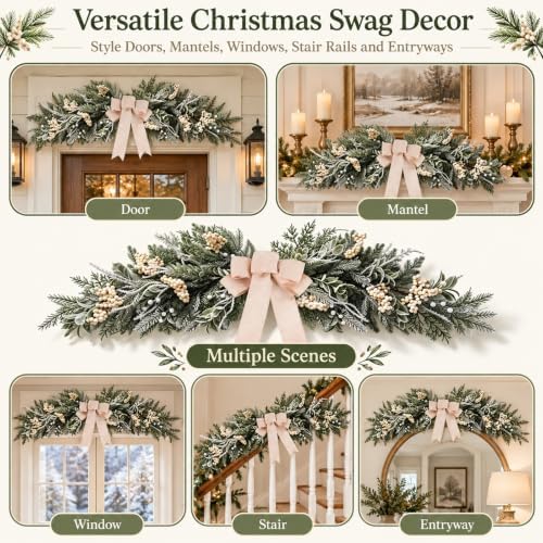 Christmas Snow Frosted Cedar Teardrop Swag Front Door Wreath with Bow in Green, alternate view 7