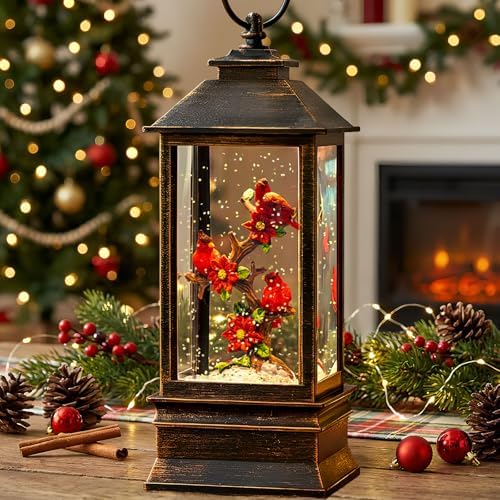Christmas Snow Globe Lantern Indoor Decor Cardinal with Music,6H Timer, USB Lined/Battery Operated Lighted