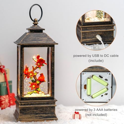 Christmas Snow Globe Lantern Indoor Decor Cardinal with Music,6H Timer, USB Lined/Battery Operated Lighted, alternate view 3