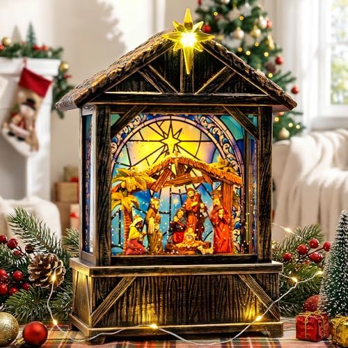 Christmas Snow Globe Lantern Indoor Decor, Christmas Nativity Scenes Manger for Xmas with Music,6H Timer, USB or