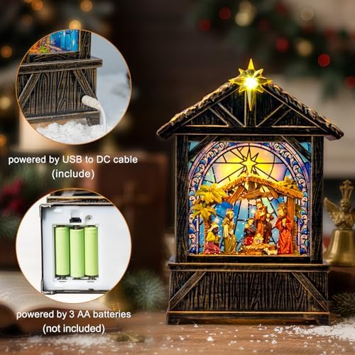 Christmas Snow Globe Lantern Indoor Decor, Christmas Nativity Scenes Manger for Xmas with Music,6H Timer, USB or, alternate