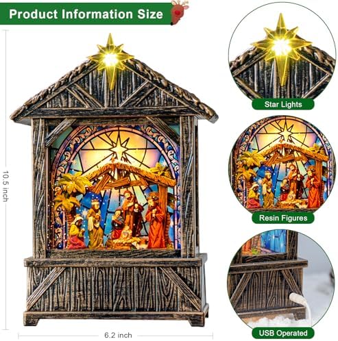 Christmas Snow Globe Lantern Indoor Decor, Christmas Nativity Scenes Manger for Xmas with Music,6H Timer, USB or, alternate