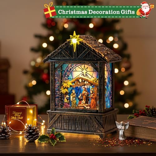 Christmas Snow Globe Lantern Indoor Decor, Christmas Nativity Scenes Manger for Xmas with Music,6H Timer, USB or, alternate