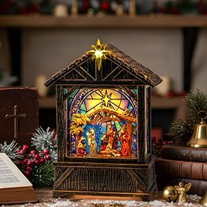 Christmas Snow Globe Lantern Indoor Decor, Christmas Nativity Scenes Manger for Xmas with Music,6H Timer, USB or, alternate