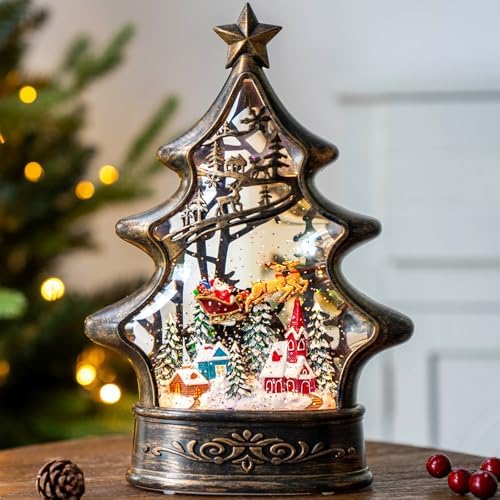 Christmas Snow Globe Lantern Water Glittering Buildings Santa's Deer with Music& Timer, USB Lined and Battery