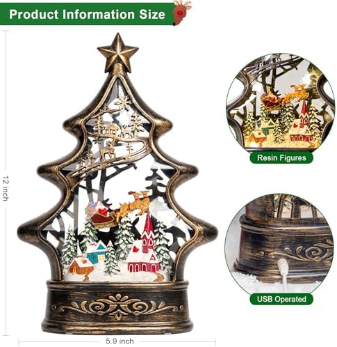 Christmas Snow Globe Lantern Water Glittering Buildings Santa's Deer with Music& Timer, USB Lined and Battery, alternate view